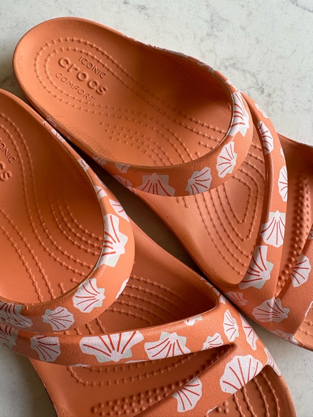 CROCS Coral Orange Shell-Print Multi-Strap Slides 8 - Picture 8 of 8